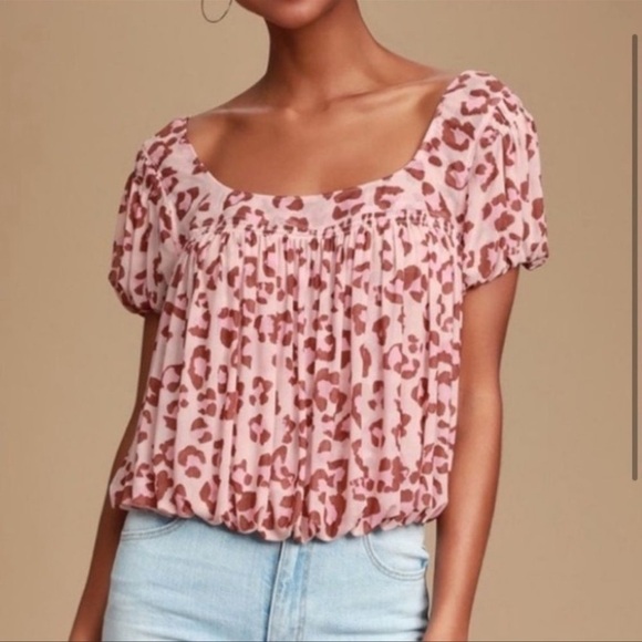 FREE PEOPLE MEG CHEETAH CROP MESH TOP SZ S PINK BROWN FLOWY BOHO SPRING SUMMER - Picture 2 of 11